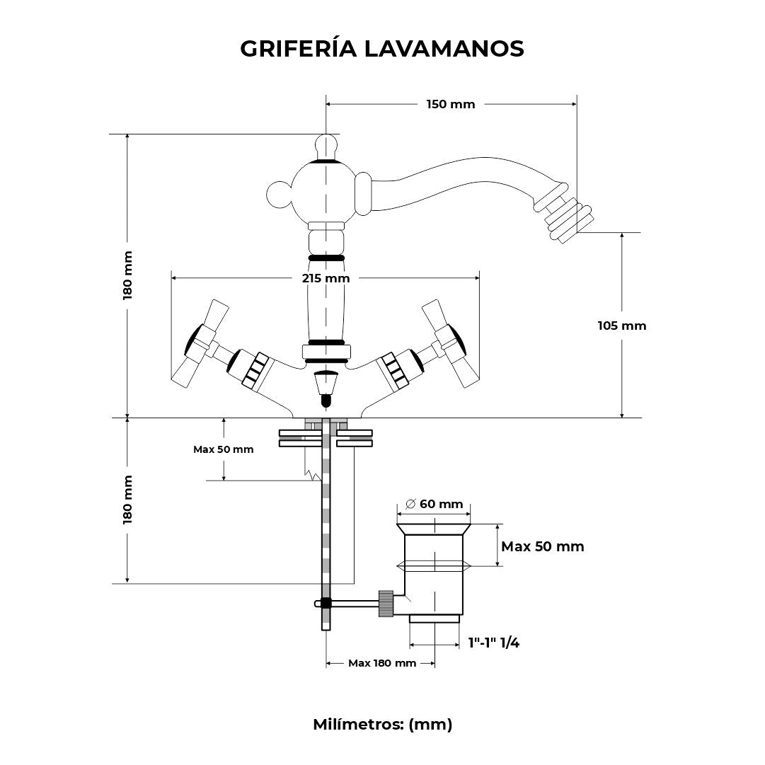 Griferia Lavamanos Monoblock 2 Llaves Mozart C/Desague